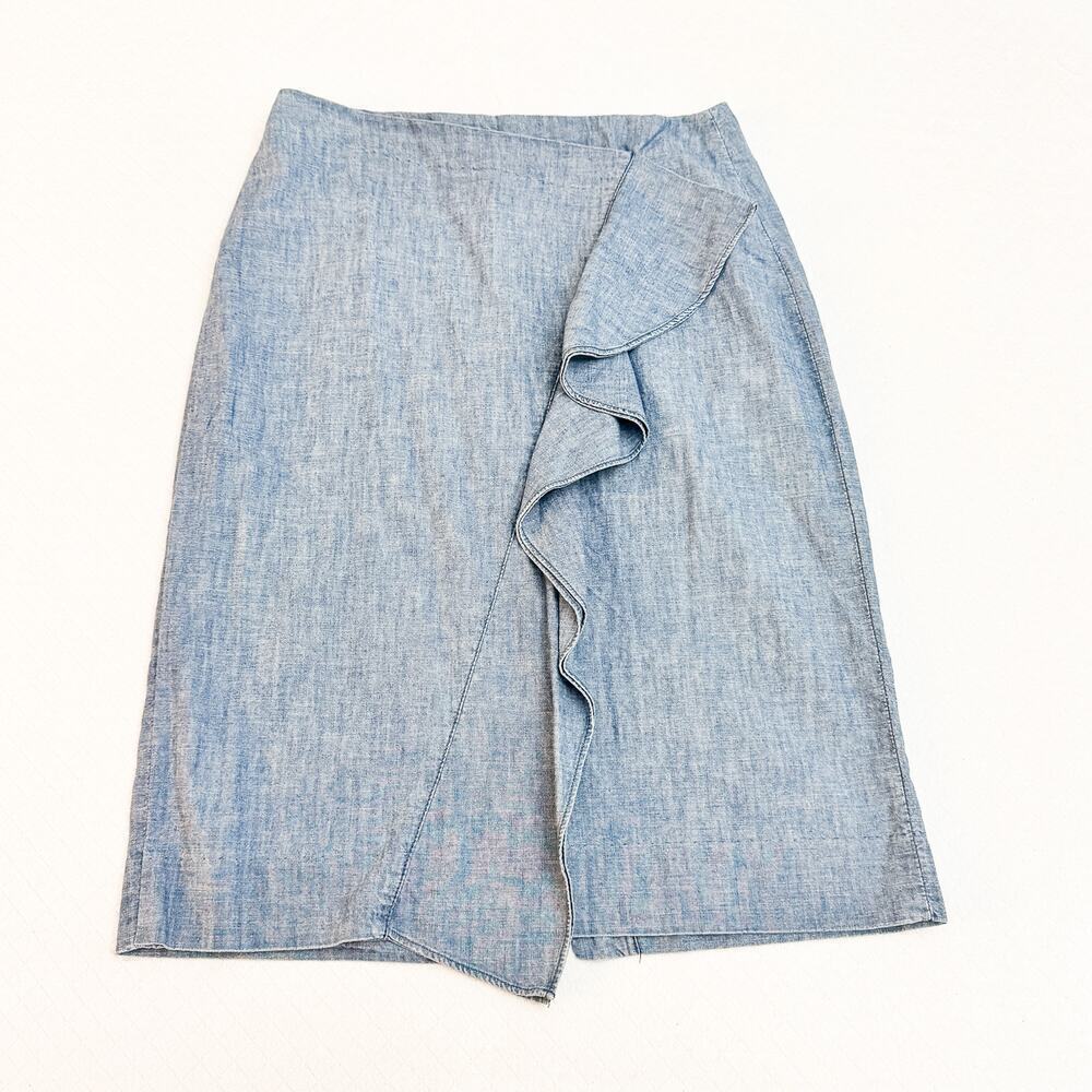 J. Crew Denim Ruffle Front Detail Lightweight Straight Pencil Skirt Size 6